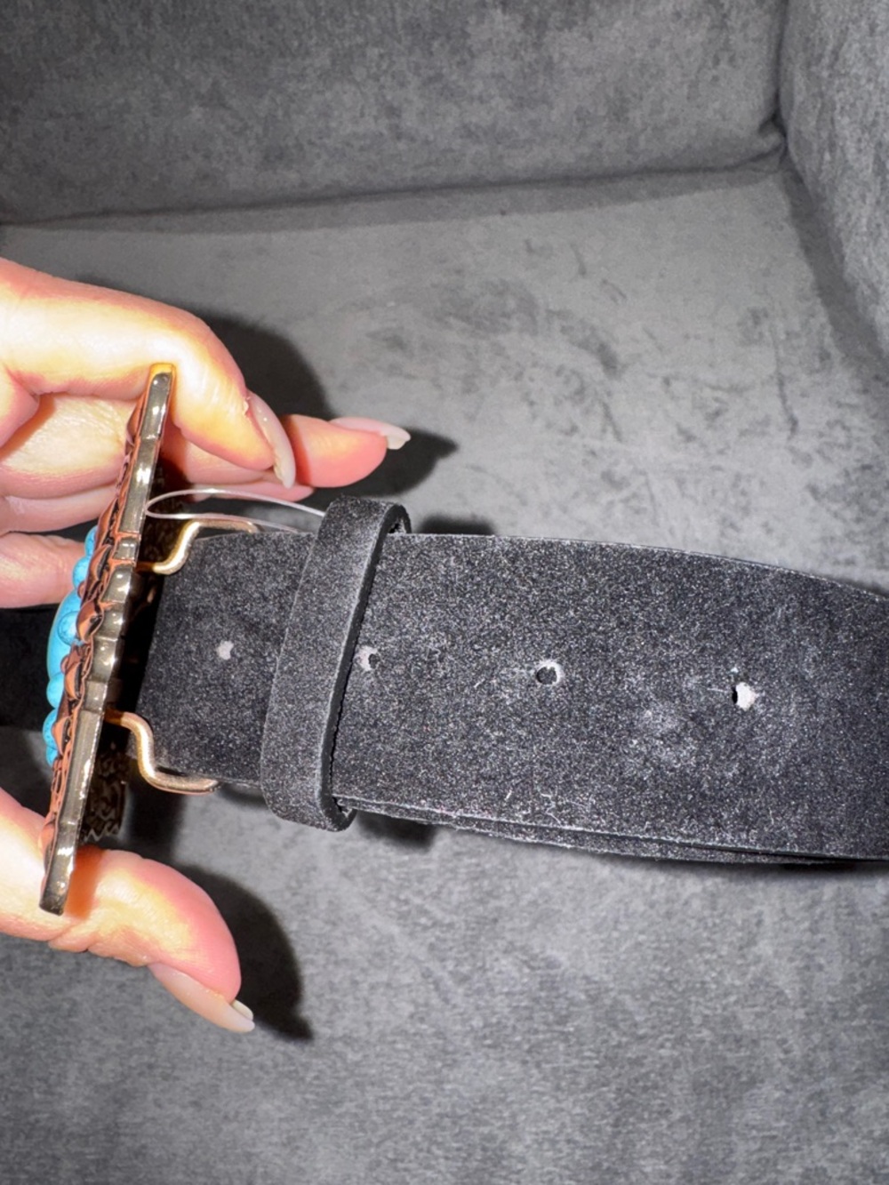Turquoise Stone Concho Black Velvet Belt - Picture 8 of 10